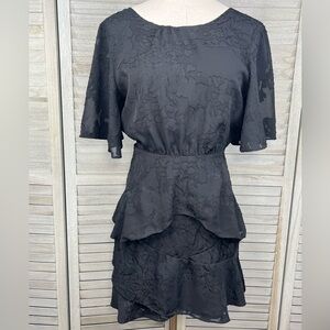 HONEY BELLE Black Embroidered Floral Mini Dress Tiered Hem-Small